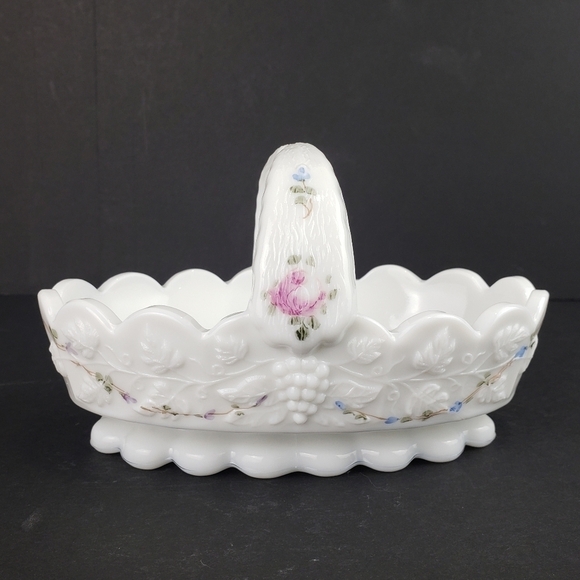 Westmoreland Milk Glass Basket Roses and Blue Vine Grapes Candy Dish Vintage - Picture 15 of 16